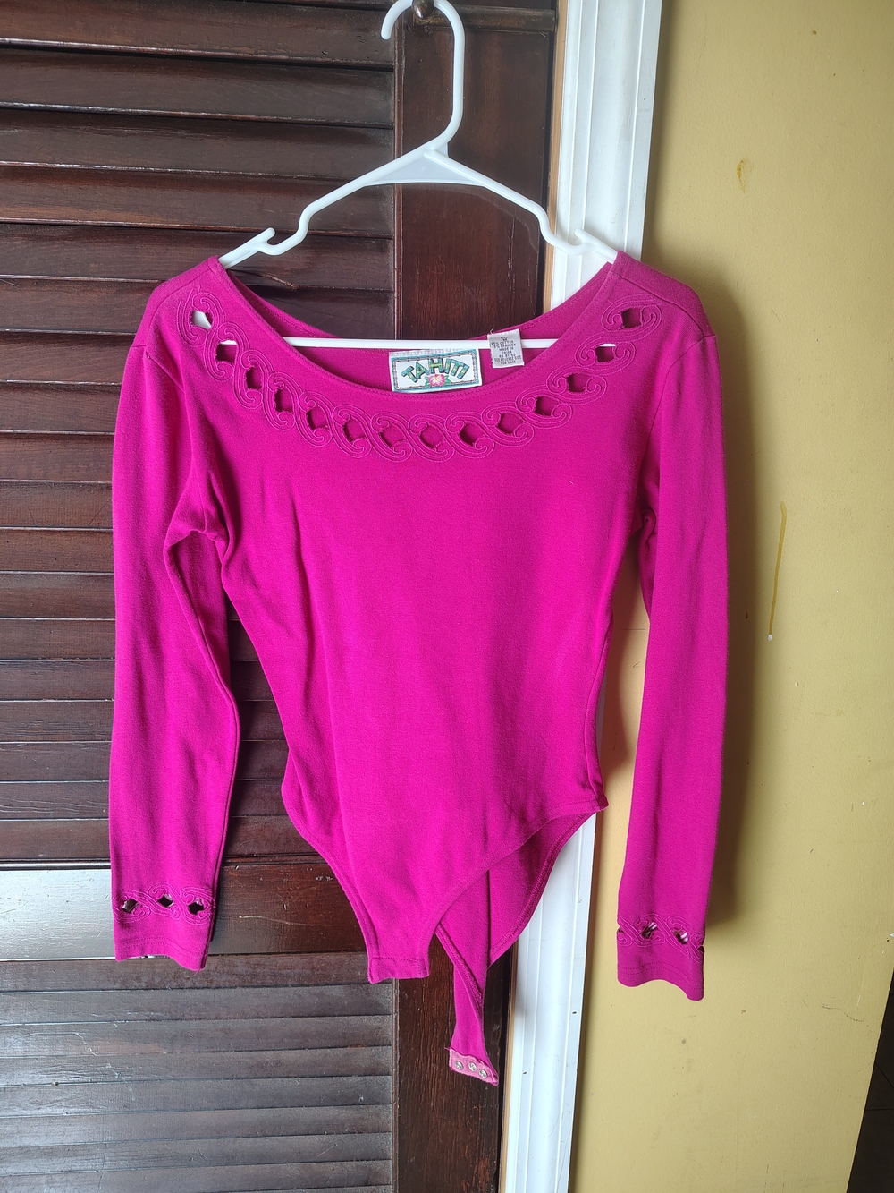 Bright Pink Long-Sleeve Bodysuit with Eyelet Trim - Unbranded